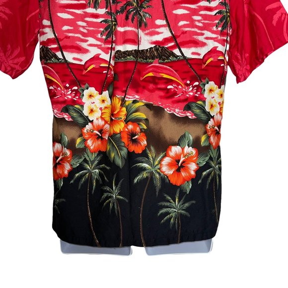 Palmwave Hawaii Fire Red Hawaiian Beach Volcano Floral Ocean Shirt Men's M - Picture 8 of 10